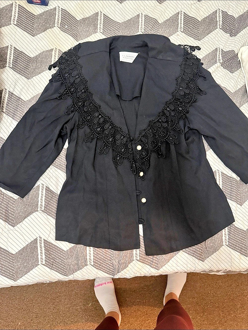 S.L. FASHIONS Black Lace Trim Jacket womna’a blouse